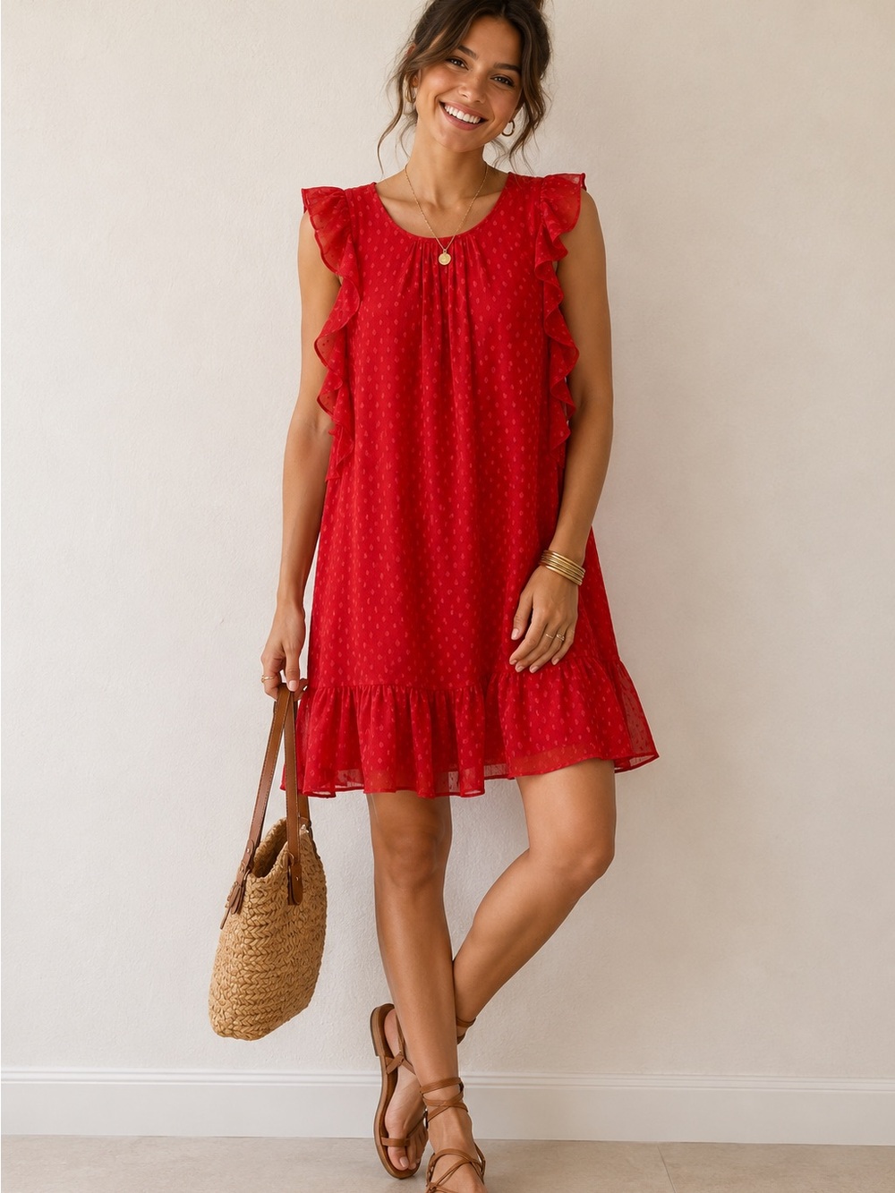 Tommy Hilfiger Red Swiss Dot Ruffle-Sleeve Mini Dress size 16 Boho Casual Femeni
